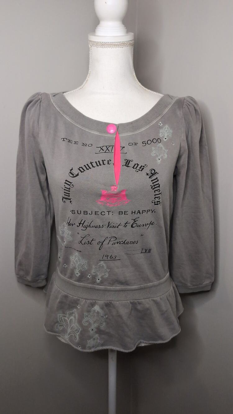 Juicy Couture Y2K Rhinestone Peplum Graphic Top Gray Pink M